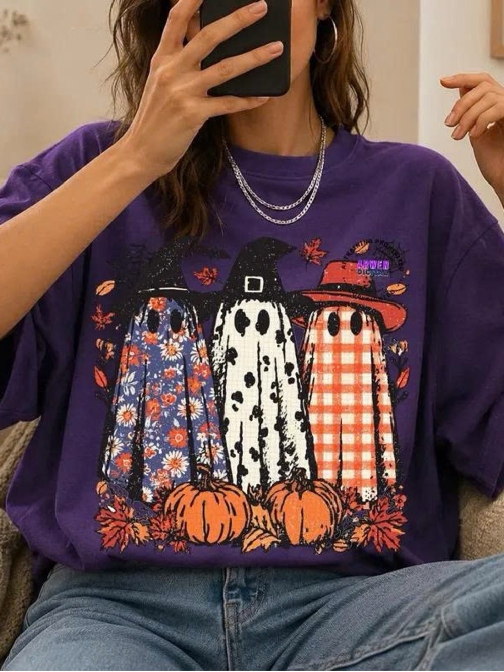 Gildan Purple Short Sleeve Tee with Halloween Ghost Trio Graphic